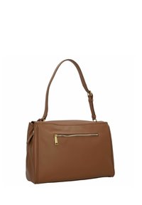 Borsa a tracolla in pelle marrone con una forma strutturata, dotata di una tasca con zip frontale e di una sola tracolla con dettagli in oro.