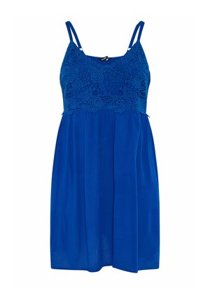 Vestito blu senza maniche con corpetto in pizzo floreale e sottili spalline regolabili, gonna in tessuto leggero e fluido.