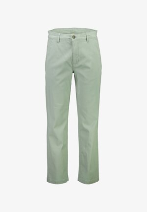 Jasnozielone bawełniane chinosy z prostym krojem nogawki, z zapięciem na guzik i szlufkami na pasek. Gładka tekstura, brak widocznych wzorów.