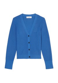 Modrý žebrovaný pletený svetr s V-výstřihem, dlouhými rukávy a čtyřmi černými knoflíky na přední straně.