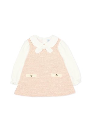 Vestito per neonato a maniche lunghe con colletto crema e fiocco, sovrapposizione rosa senza maniche con texture e due piccole tasche frontali con bottoni.