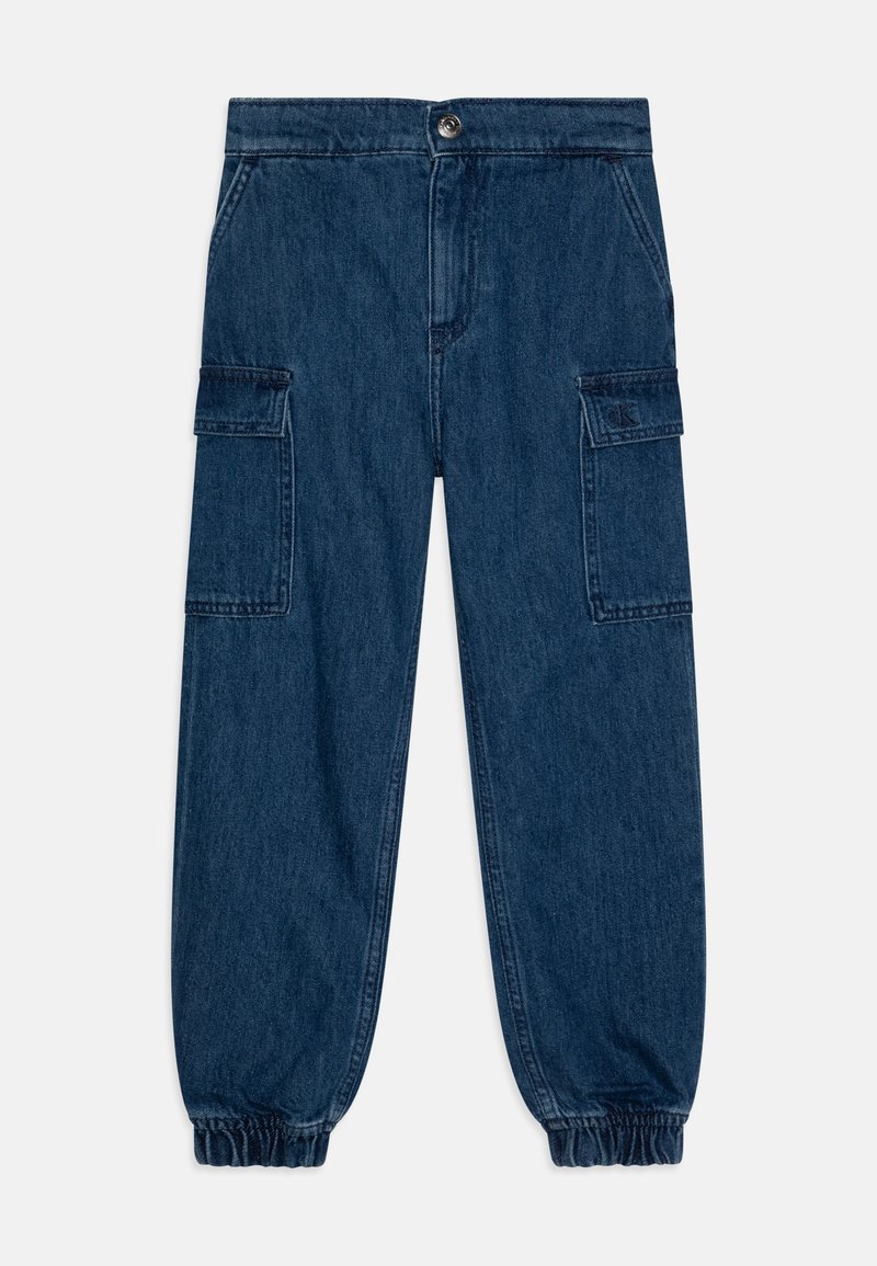 Mörkblå denimcargo-byxor med två sidofickor, elastiska ärmmuddar och en standard knappstängning i midjan.