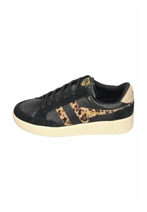 Black low-top sneaker with leopard print stripes, cream sole, black laces, and beige heel tab branded "Gola".