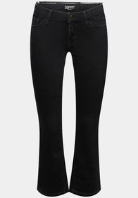 Jeans negros de pierna acampanada con cierre de botón y cremallera, bolsillos delanteros y traseros, y etiqueta Esprit New York en la cinturilla.