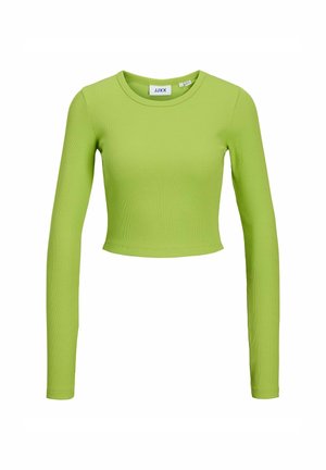 Top corto de manga larga en tejido de canalé verde brillante, con un escote redondo y silueta ajustada. Etiqueta personalizada en el escote.