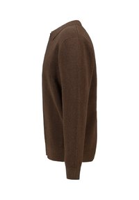 Pull en maille marron avec un motif texturé, col et manches longues, doté d'une coupe ajustée et de poignets côtelés.