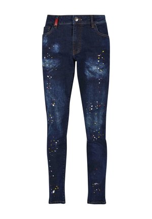 Dark blue denim skinny jeans featuring paint splatter accents in yellow, white, and red, with a classic five-pocket design and front button closure.