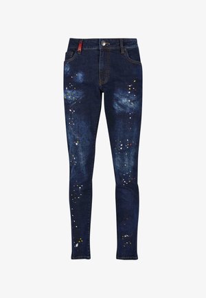 Tamno plave skinny traperice s akcentima od boje u žutoj, bijeloj i crvenoj, klasičnog pet-džepnog dizajna i prednjim kopčanjem na dugme.