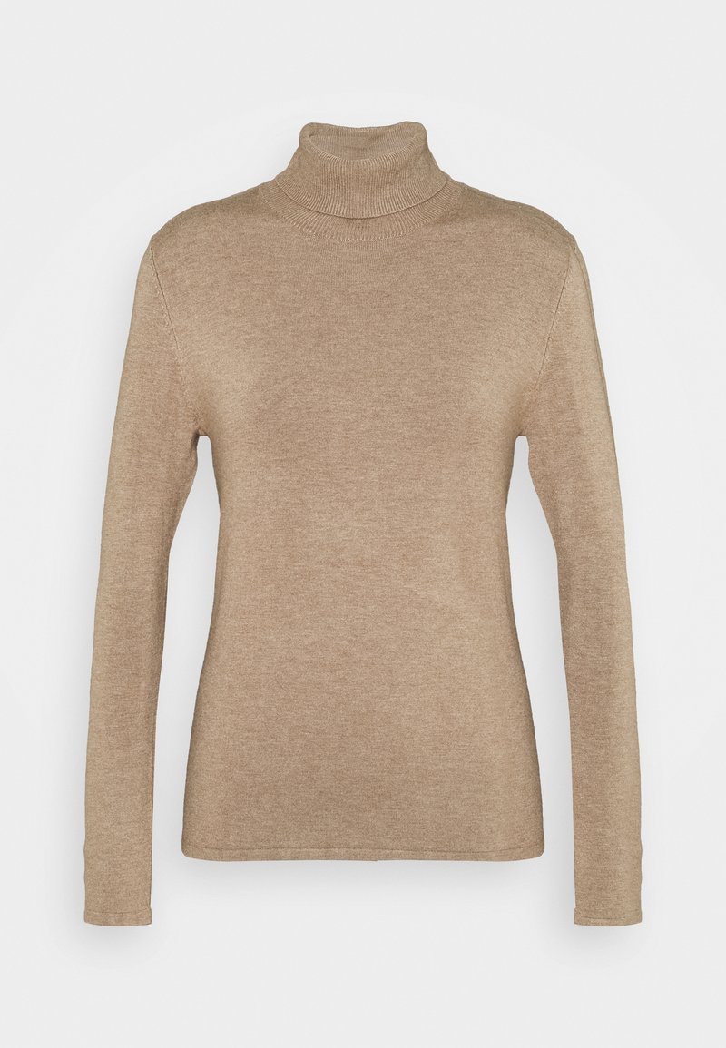 Pull beige à manches longues avec col roulé, coupe ajustée et détail côtelé au col sur un fond uni.