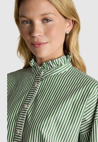 Cămașă verde și albă cu dungi, cu un guler clorat și închidere cu nasturi. Textură netedă a țesăturii, cu dungi verticale de lățimi variate.