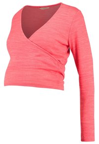 Dlouhý rukáv, zavinovací top v jasně korálové barvě, vyrobený z texturované tkaniny. Má hluboký V-výstřih a přiléhavý siluetu.