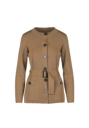 Brown long-sleeve cardigan with round neckline, front button closure, two patch pockets with buttons, and a matching belt with black buckle.