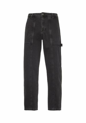 Svart denimbukser med rett ben-design, synlig søm og sidelomme på venstre lår.