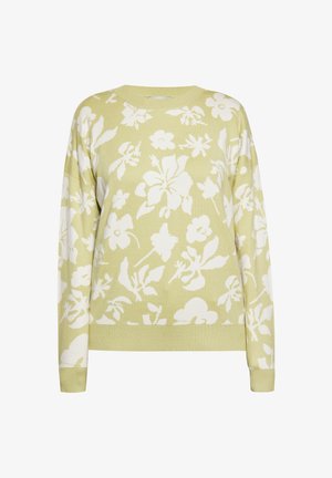 Jasnozielony sweter z białymi kwiatowymi wzorami, z okrągłym dekoltem i długimi rękawami. Miękka, teksturowana dzianina.