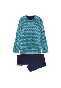 Langarmoberteil mit türkisfarbenem und dunkelblauem Karomuster; kombiniert mit marineblauen Hosen mit elastischem Bund und Kordelzug.