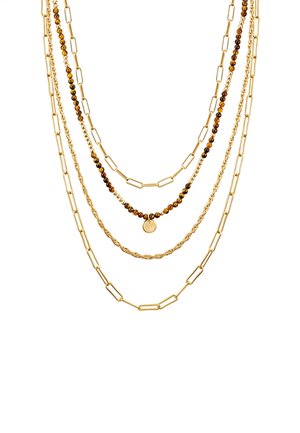 Gold multi-layered necklace featuring varying chain styles, including oval links, beads, and twisted links, with a circular pendant detail.