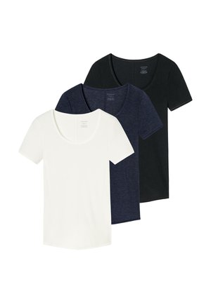 Trzy jednolite, krótkie koszulki z okrągłym dekoltem nałożone warstwowo, w kolorach białym, ciemnoniebieskim i czarnym, przedstawione na białym tle.