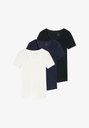 Trois T-shirts unis à manches courtes et col rond superposés, en blanc, bleu foncé et noir, présentés sur un fond blanc.