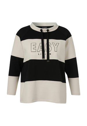 Zwart-beige sweatshirt met lange mouwen, met de tekst "EASY LIVING" op de borst en zwarte trekkoorden bij de kraag.