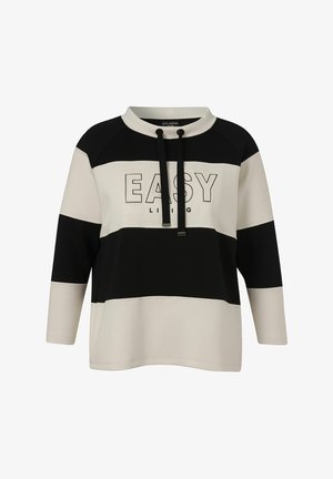 Sweat-shirt à manches longues noir et beige avec le texte « EASY LIVING » sur la poitrine et des cordons noirs au col.