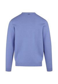 Lyseblå strikkegenser med rund hals og lange ermer. Baksiden er glatt med en subtil tekstur, uten synlig spenner eller mønstre.