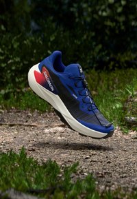 Shoe de trail running Salomon em azul e preto com sola branca, pairando acima de um caminho de cascalho, com folhagem verde ao fundo.