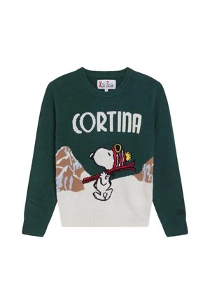 Maglione verde e bianco con il testo "Cortina", con Snoopy che porta gli sci davanti a un disegno di montagna innevata.