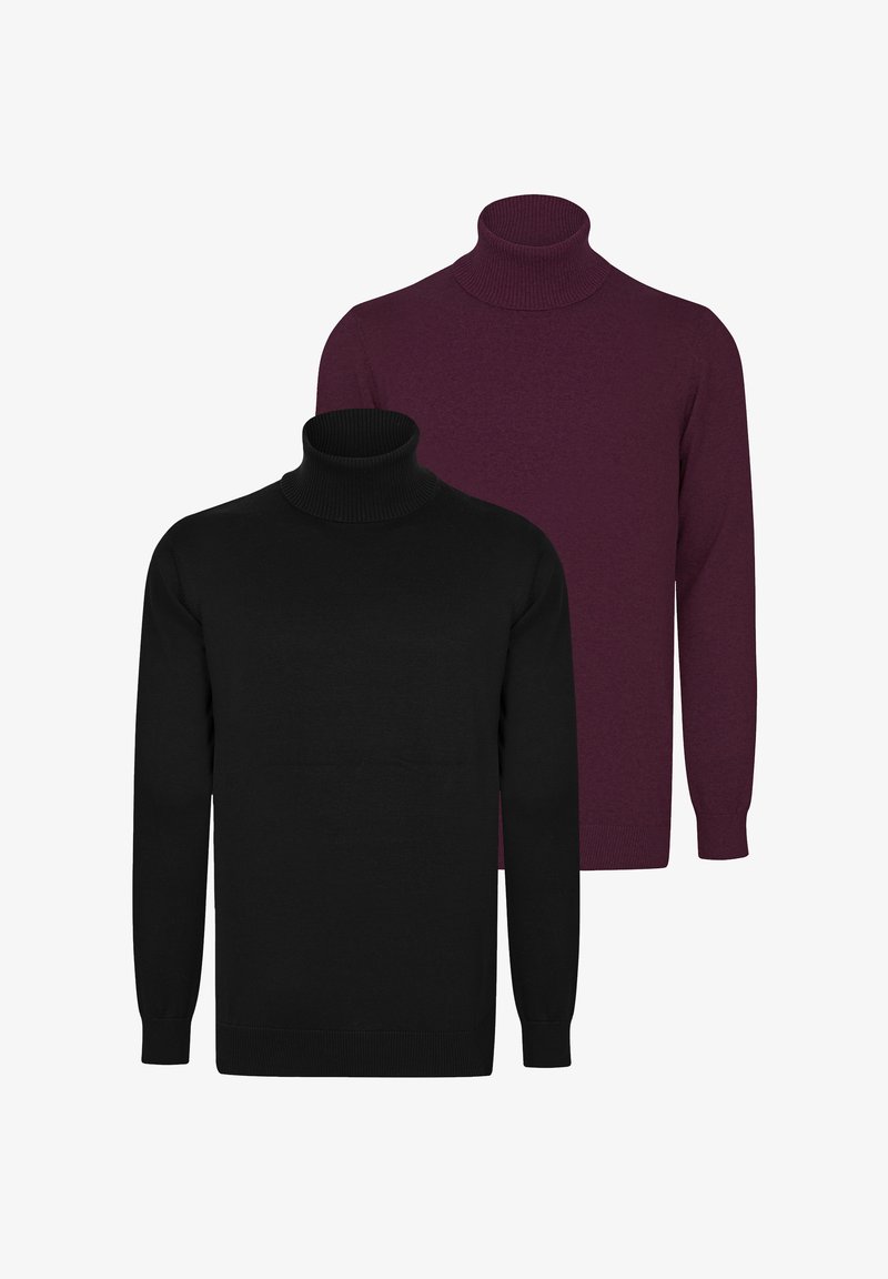 Zwei Rollkragensweater: einer schwarz, einer burgunderrot. Beide haben lange Ärmel und gerippte Kragen und sind aus einem weichen Strickmaterial gefertigt.
