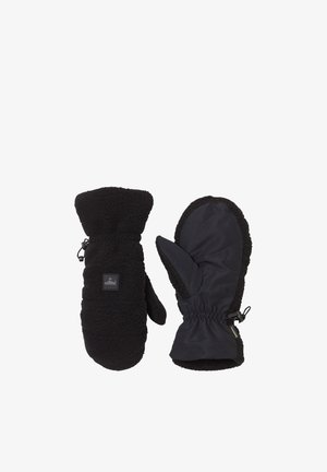 Een paar zwarte fleece wanten, één met een gestructureerde voorkant met logo, de andere laat een gladde handpalm zien met elastische pols en verstelbare riem.