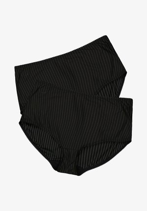 Ropa interior negra con un diseño sin costuras y finas rayas verticales blancas. Tejido suave con una textura lisa y borde festoneado.