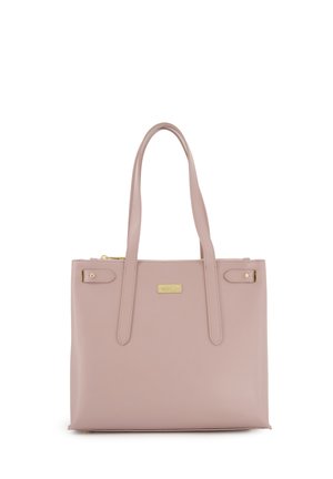 Roze neplederen totebag met dubbele handvatten, goudkleurige accenten en logo plaat. Voorzien van een ritssluiting en een rechthoekige vorm.