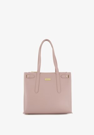 Sac fourre-tout en simili cuir rose avec doubles poignées, quincaillerie dorée et plaque de logo. Dispose d'une fermeture zippée et d'une forme rectangulaire.