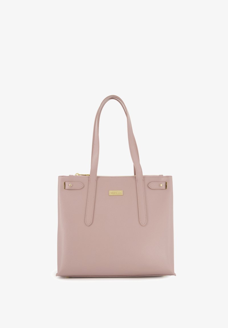 Sac fourre-tout en simili cuir rose avec doubles poignées, quincaillerie dorée et plaque de logo. Dispose d'une fermeture zippée et d'une forme rectangulaire.