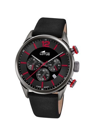 Lotus-Uhr mit schwarzem Lederarmband, Gehäuse aus Edelstahl, schwarzem Zifferblatt, roten Akzenten, drei Hilfszifferblättern und einer Datumsanzeige. Wasserdicht bis 10 bar.