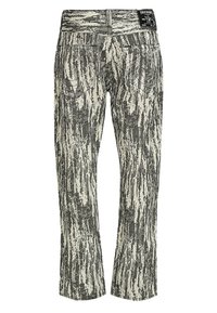 Herren-Casual-Hose mit grauem und beigem vertikalem abstraktem Muster, zwei Gesäßtaschen und einem schwarzen Markenlabel am Bund.