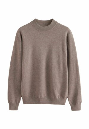 Pull en maille marron à manches longues avec encolure ronde côtelée, poignets et ourlet, présenté sur fond blanc.