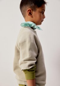 Jeune garçon portant un sweat-shirt beige et une chemise à manches longues verte, avec une écharpe bleu clair nouée autour du cou, faisant face à droite sur un fond uni.