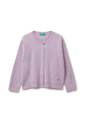 Lila langärmlige Knopfleiste-Cardigan mit rundem Ausschnitt, gerippten Bündchen und Saum, featuring subtile diagonale Strickmuster und einem kleinen Metall-Logo.