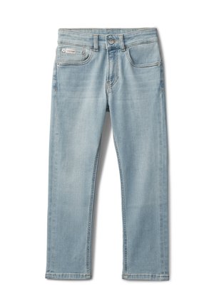 Lyseblå slim-fit denimjeans med frontlommer, bæltestropper, knaplukning og diskret falming på lår og knæ.