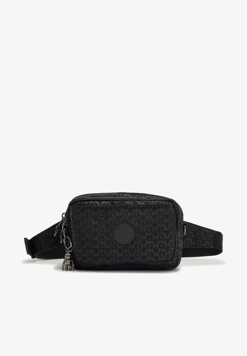 Black fabric waist bag featuring a geometric pattern, zip closure, a circular logo patch, and a decorative charm. Includes an adjustable strap.