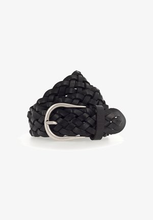 Black woven leather belt featuring a silver-toned metal buckle and a loop detail, with a textured surface and braided design.