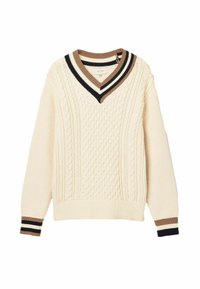 V-Ausschnitt-Kabelstrickpullover in Creme mit kontrastierenden braunen und schwarzen gestreiften Akzenten am Kragen und an den Bündchen. Strukturierter Stoff, lockere Passform.