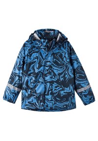 Blue and black marbled rain jacket with a hood, featuring a snap closure, elastic cuffs, and reflective stripes on the sleeves.