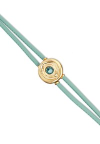 Pulsera de cuero con dos tiras verde menta, con un detalle circular de metal dorado y una gema central color teal.