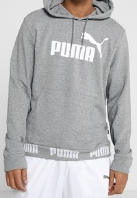 Sudadera con capucha gris hecha de una mezcla de algodón. Tiene un bolsillo canguro en la parte frontal, texto del logo en blanco y un dobladillo acanalado con detalle del nombre de la marca.