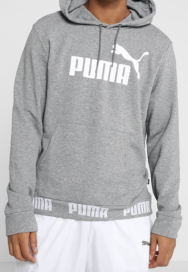 Sudadera con capucha gris hecha de una mezcla de algodón. Tiene un bolsillo canguro en la parte frontal, texto del logo en blanco y un dobladillo acanalado con detalle del nombre de la marca.
