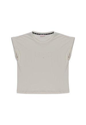 T-shirt a maniche corte di colore crema con scollo rotondo e logo in rilievo "LIU JO 1995" sulla parte anteriore; tessuto morbido e vestibilità rilassata.