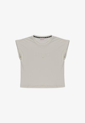 T-shirt a maniche corte di colore crema con scollo rotondo e logo in rilievo "LIU JO 1995" sulla parte anteriore; tessuto morbido e vestibilità rilassata.