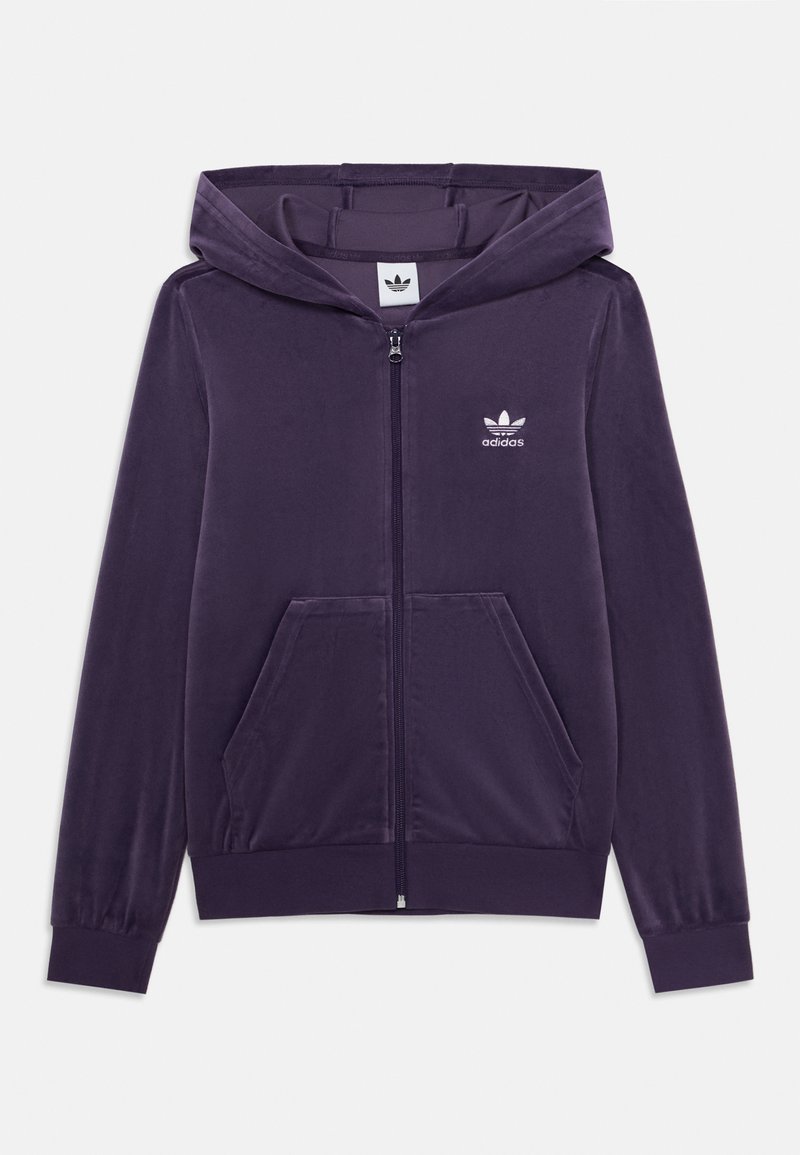 Hoodie roxo com fecho, feito de um tecido suave, apresentando um bolso canguru, punhos de côtelé e um logotipo branco bordado da Adidas no peito.