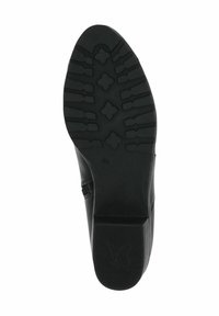 Černá podešev boty s texturovaným vzorem, obsahující obdélníkové a trojlístkové protiskluzové body; gumový materiál; mírný podpatek; vyražené logo.